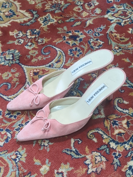 Vanessa Noel Shoes - Vanessa Noel Pink Suede Pointed-Toe Kitten Heel Mules With Bow